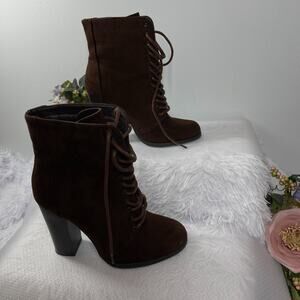 Justfab Ankle Booties Womens Brown Suede Lace Up Block Heel Dark Academia Gothic
